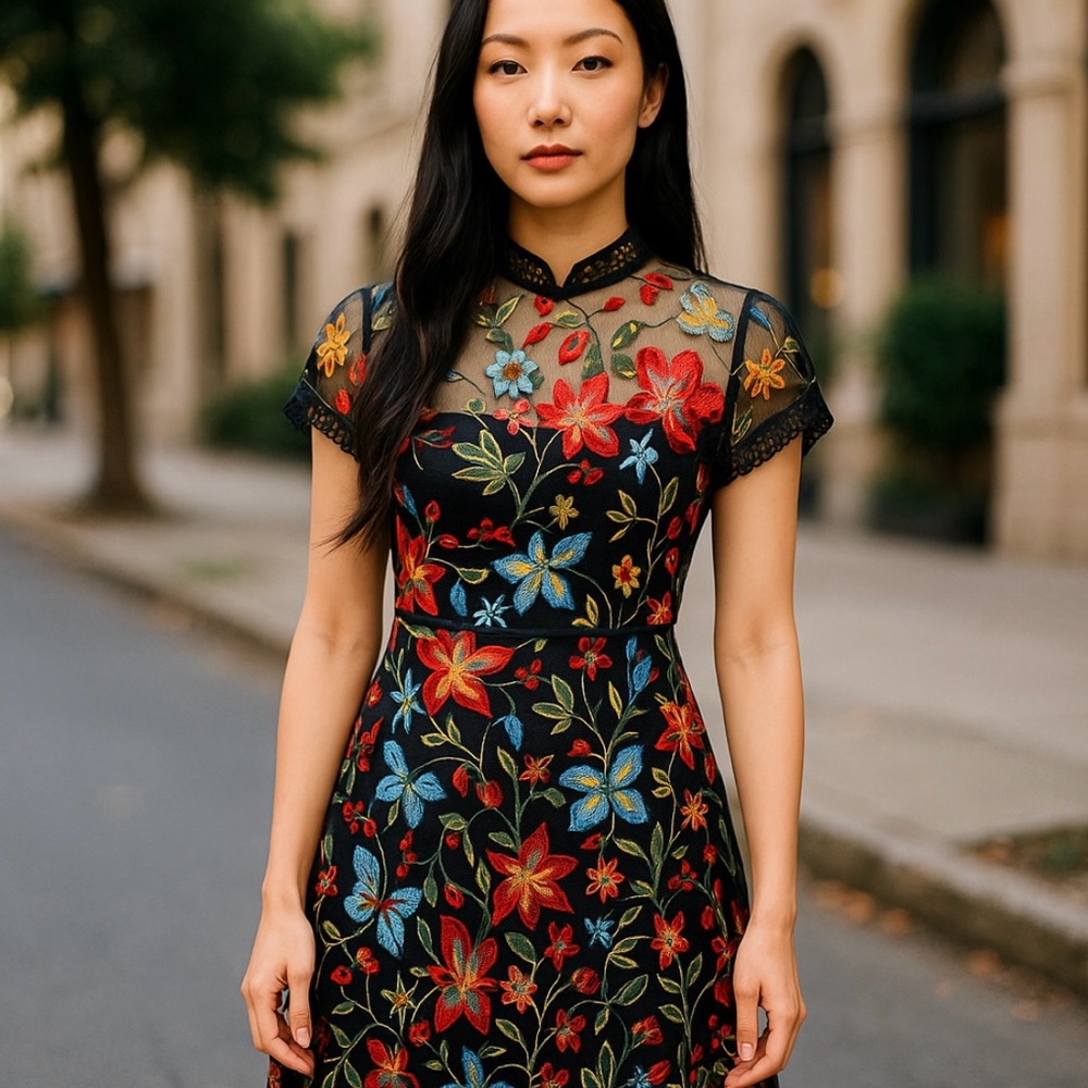 ANTHROPOLOGIE VONE JANINE Floral Embroidered Black MIDI Dress